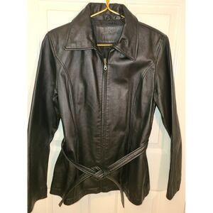 Jacqueline Ferrar Black Leather Belted Zip Up Jacket Sz Small Collared Moto Coat